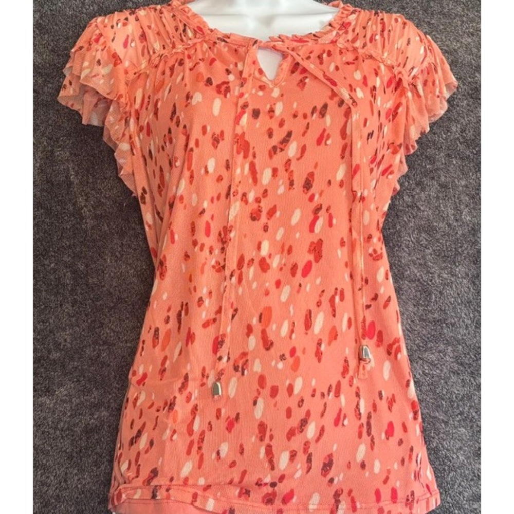 Zoey & Leelo Coral Orange Abstract Mesh Ruffle Cap‎ Sleeve Blouse Top Large